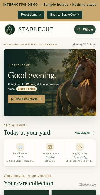 Real StableCue horse-care app homepage with photographic care menu