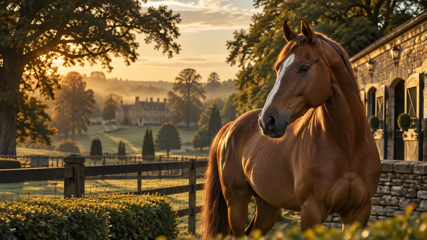 Chestnut horse standing beside traditional stone stables at sunset
