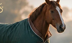 Horse wearing a green turnout rug